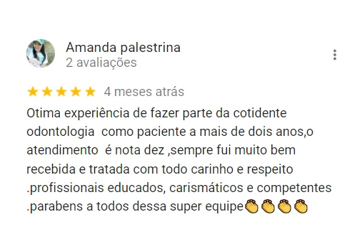 Otima experiência de fazer parte da cotidente odontologia  como paciente a mais de dois anos,o atendimento  é nota dez ,sempre fui muito bem recebida e tratada com todo carinho e respeito  .profissionais educados, carismáticos e competentes .parabens a todos dessa super equipe👏👏👏👏